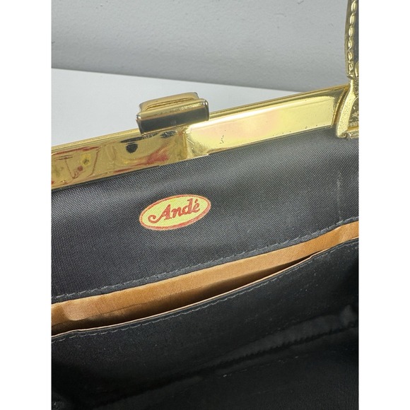 Vtg 1960s Ande Black Fabric Evening Bag Gold Frame Top Handle Clutch - Picture 7 of 16